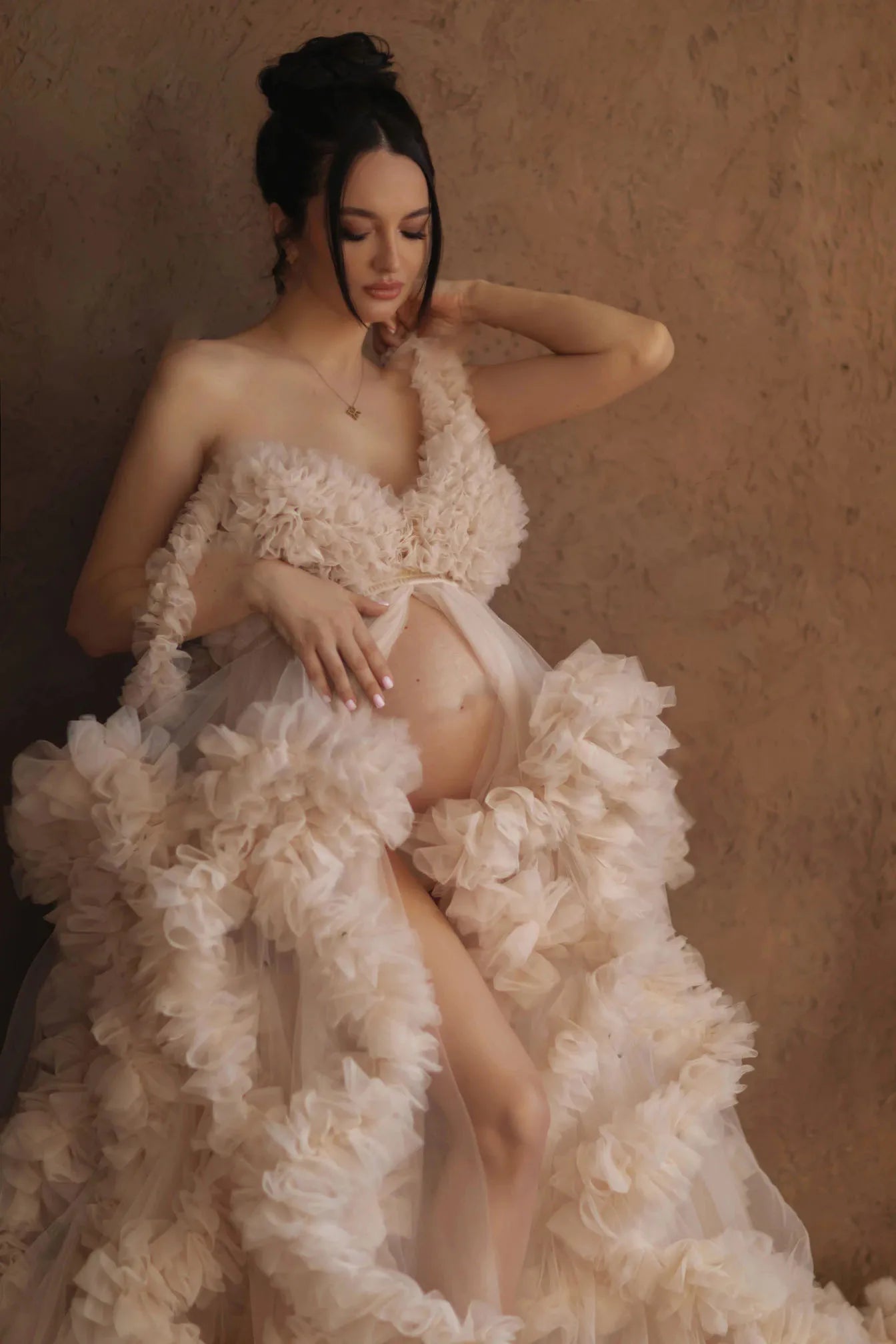 nvxiot - Puffy Ruffled Tulle Maternity Dress Women Robes for Photoshoot Extra Fluffy Pregnancy Dressing Gowns Front Split Maternity Gowns