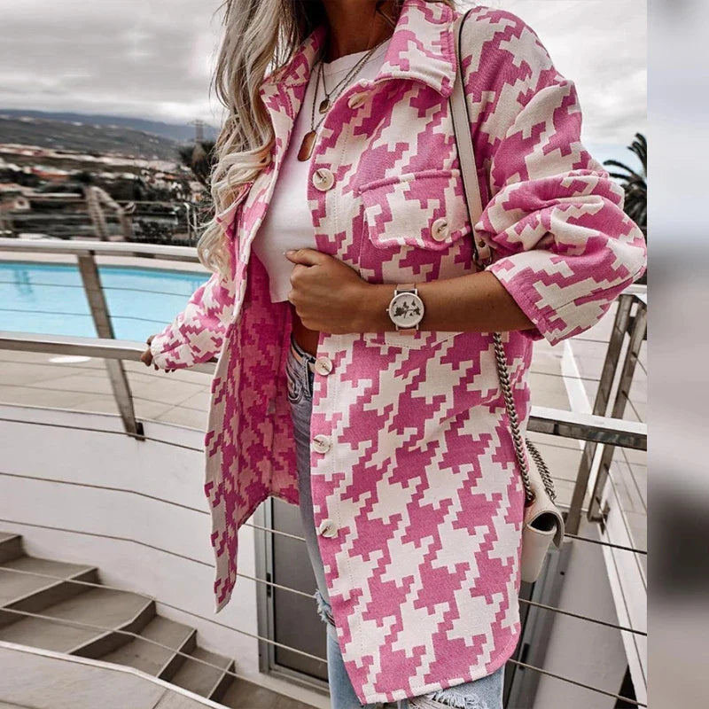 nvxiot Casual Houndstooth Long Coats Autumn Office Long Sleeve Ladies Jackets For Women Za Fashion Shirt Collar Outwear