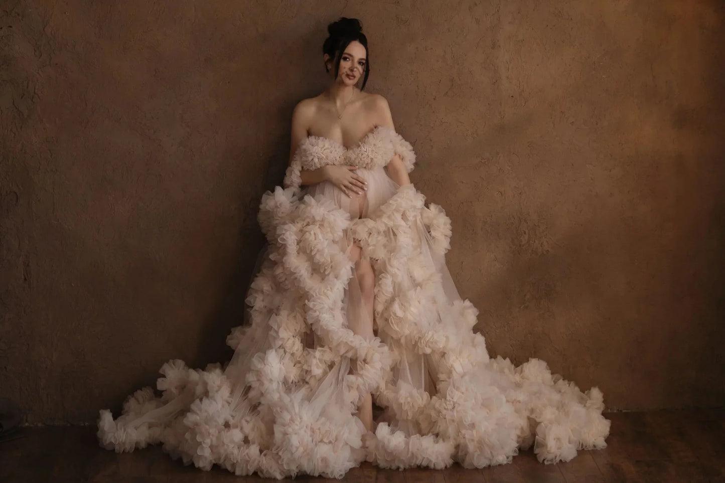 nvxiot - Puffy Ruffled Tulle Maternity Dress Women Robes for Photoshoot Extra Fluffy Pregnancy Dressing Gowns Front Split Maternity Gowns