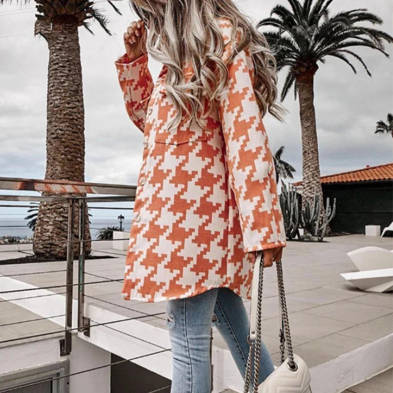 nvxiot Casual Houndstooth Long Coats Autumn Office Long Sleeve Ladies Jackets For Women Za Fashion Shirt Collar Outwear