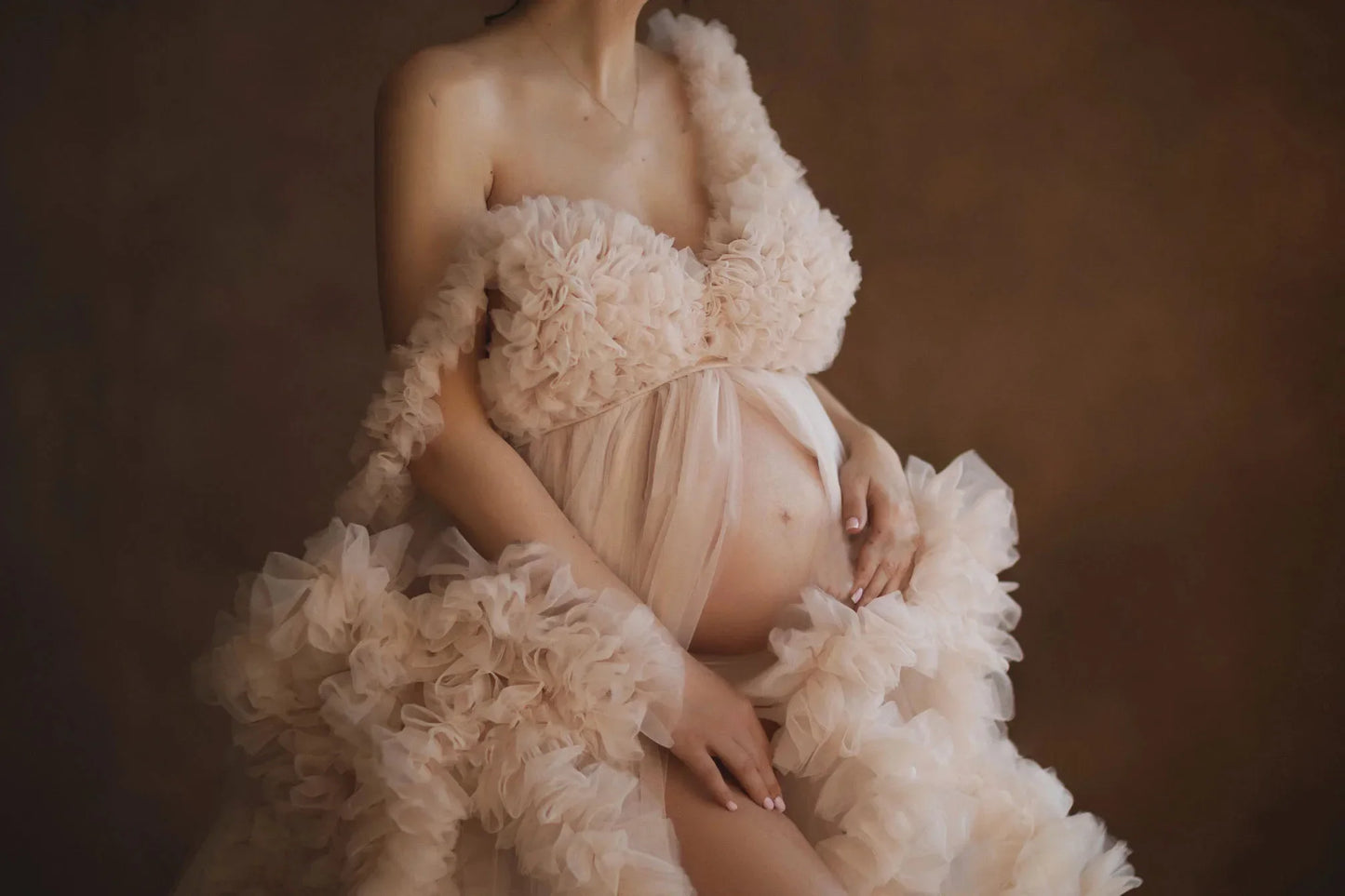 nvxiot - Puffy Ruffled Tulle Maternity Dress Women Robes for Photoshoot Extra Fluffy Pregnancy Dressing Gowns Front Split Maternity Gowns