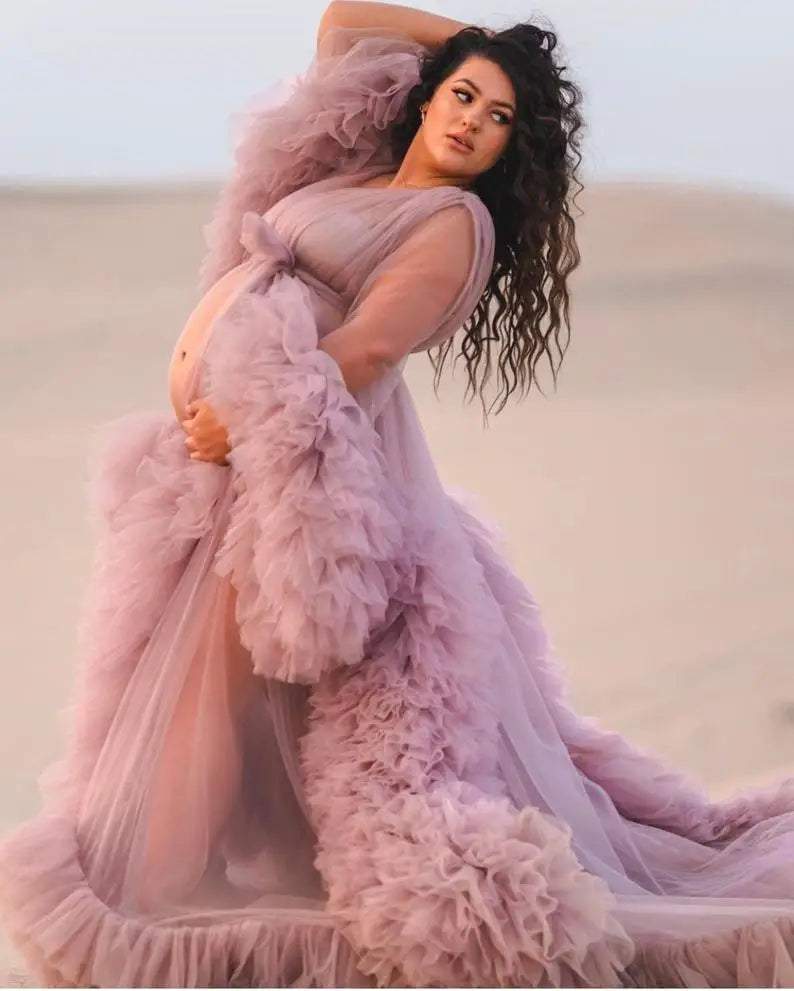 MQTIME - Pregnant Photo Bathrobe Pajam Robe Sexy Long Sleeves Lace Tulle Gowns Custom Made Bathrobe Mesh Prom Bridesmaid Shawl