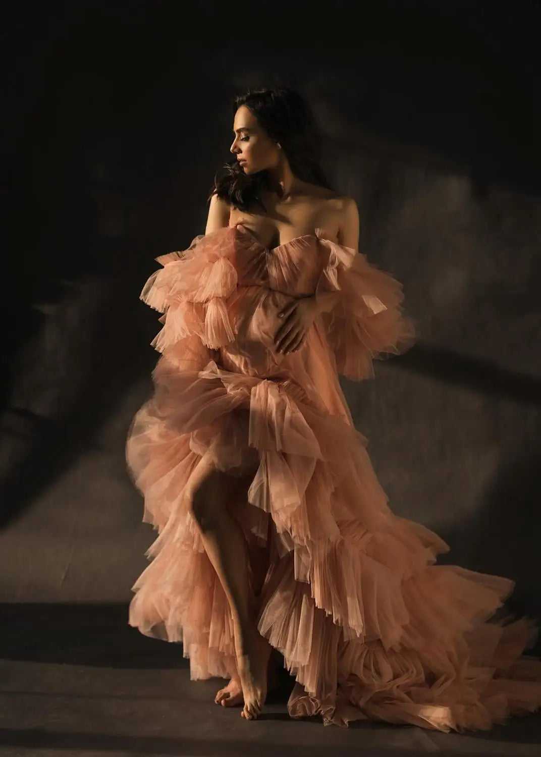 nvxiot - Sweet Heart Collar Maternity Tulle Robe Long Length Off The Shoulder Sheer Tulle Maternity Dress See Through Blush Pink Gown