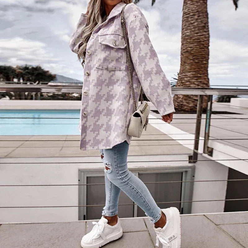 nvxiot Casual Houndstooth Long Coats Autumn Office Long Sleeve Ladies Jackets For Women Za Fashion Shirt Collar Outwear