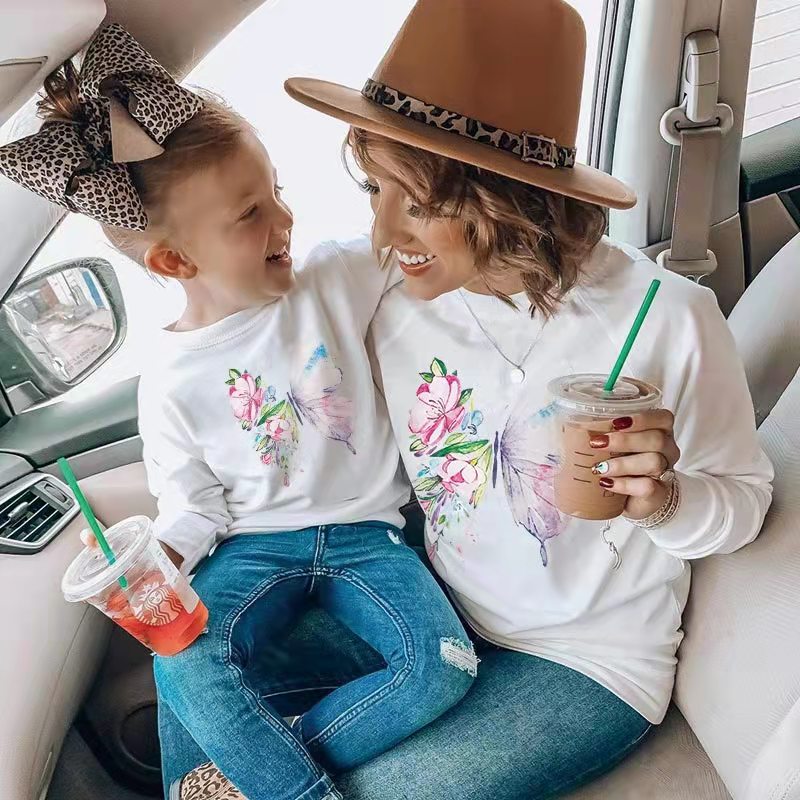 nvxiot Autumn Mother Daughter Matching Sweaters Family Set Butterfly Mom Mum Baby Mommy and Me Clothes Women Girls Cotton Sweatshirts