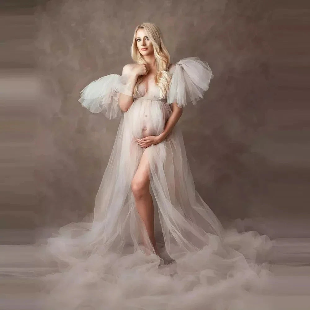 nvxiot Elegant Soft Tulle Maternity Dresses Sleeveless Puffy Long Sexy See Through Tulle Maternity Robes For Photography Custom Made