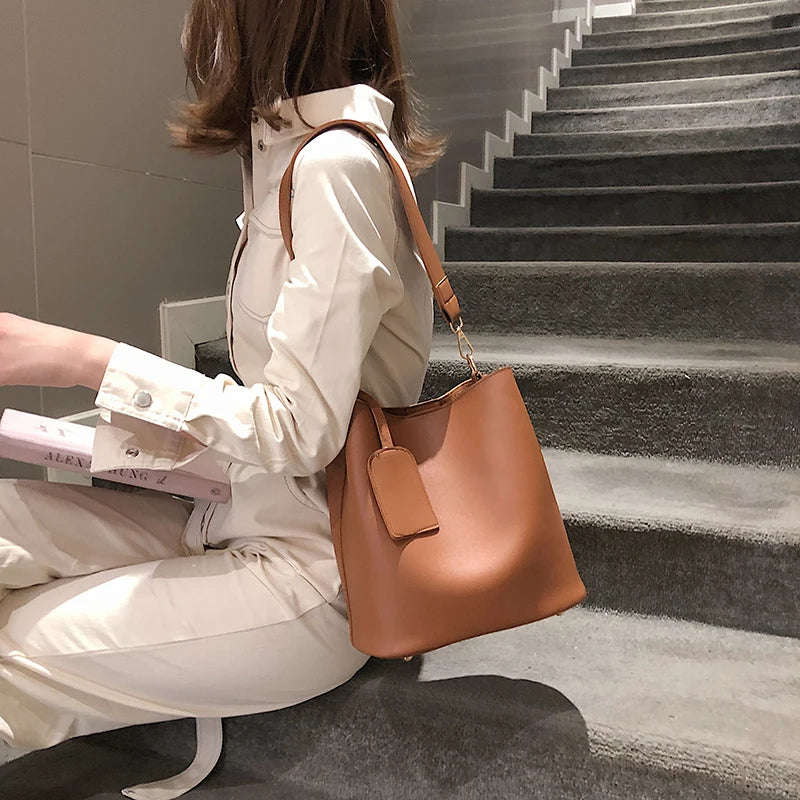 nvxiot - casual wide strap bucket bag designer women shoulder bags luxury pu crossbody bag large capacity messenger bag simply purse