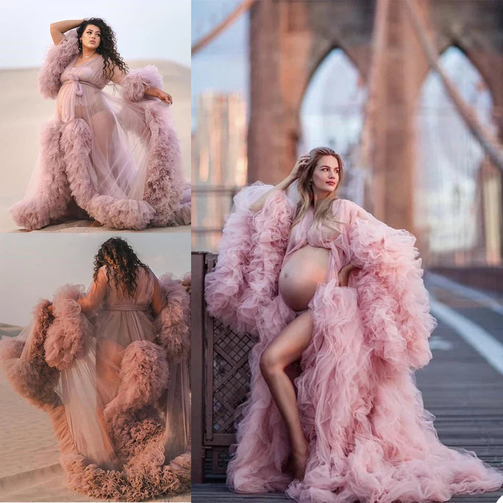MQTIME - Pregnant Photo Bathrobe Pajam Robe Sexy Long Sleeves Lace Tulle Gowns Custom Made Bathrobe Mesh Prom Bridesmaid Shawl