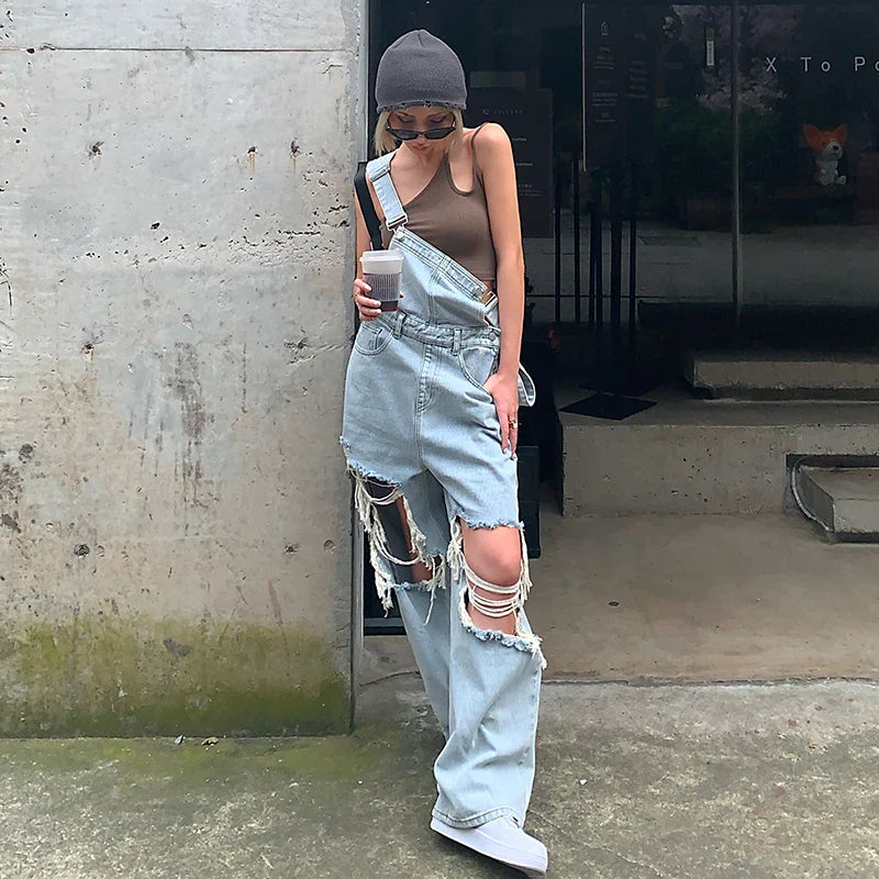 nvxiot - Casual Wide Leg Denim Overalls Rompers Women Straight Ripped Hole Mom Jeans Jumpsuit High Waist Loose Big Size Straps Baggy Pant
