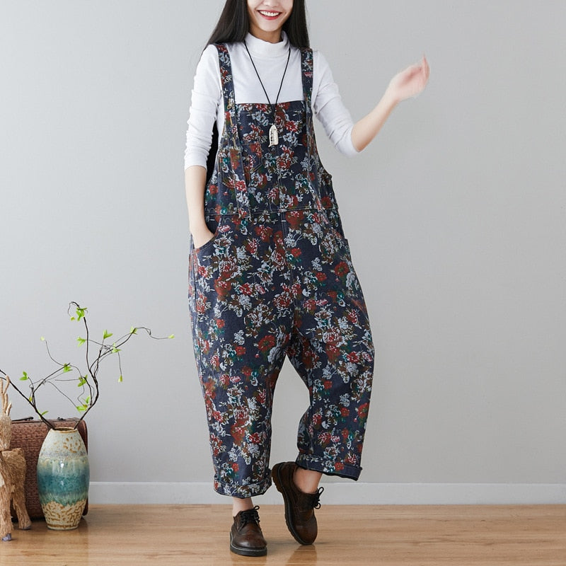 nvxiot Vintage washed denim jumpsuit printed long wide leg harem Pants plus size loose Jumpsuit for women adjustable patchwork overalls