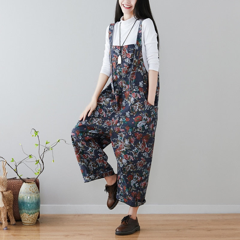 nvxiot Vintage washed denim jumpsuit printed long wide leg harem Pants plus size loose Jumpsuit for women adjustable patchwork overalls