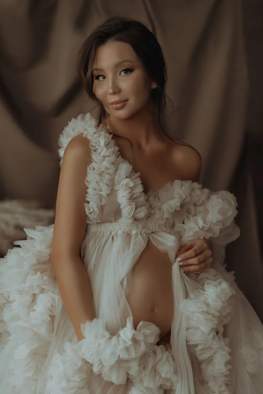 nvxiot - Luxury Birdal Tulle Robes With Hat Ruffled Long Summer Dress for Photoshoot Custom made Women Tulle Maternity Dressing Gowns