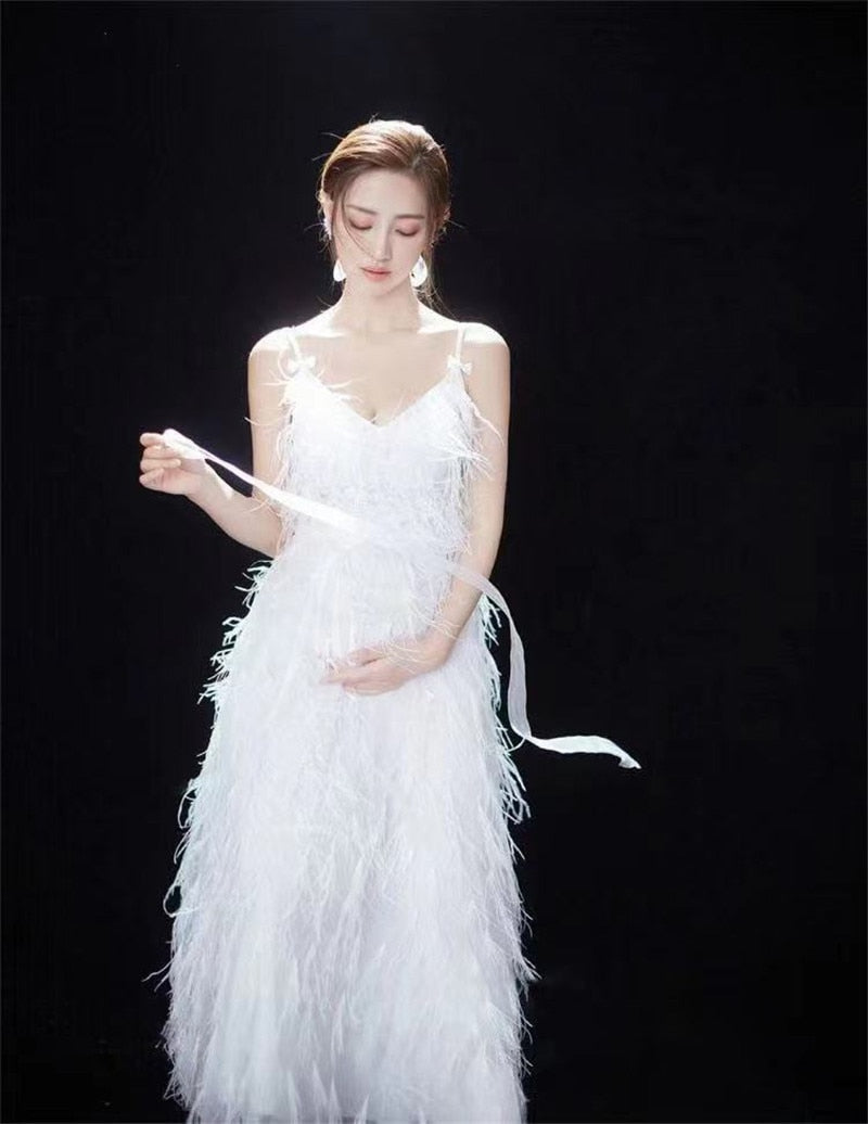 nvxiot Women Photography Props Feathers White Elegant Maternity Dresses Sleeveless Pregnancy Dress Studio Shooting Photo Props