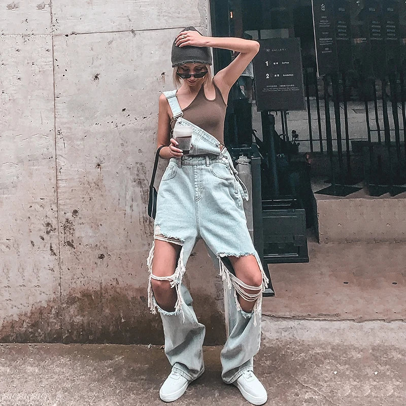 nvxiot - Casual Wide Leg Denim Overalls Rompers Women Straight Ripped Hole Mom Jeans Jumpsuit High Waist Loose Big Size Straps Baggy Pant