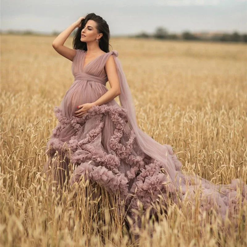 nvxiot - Dusty Pink Maternity Dress Robes for Photo Shoot or baby shower Ruffle Tulle Chic Women Dresses Nightgown Photography Robe