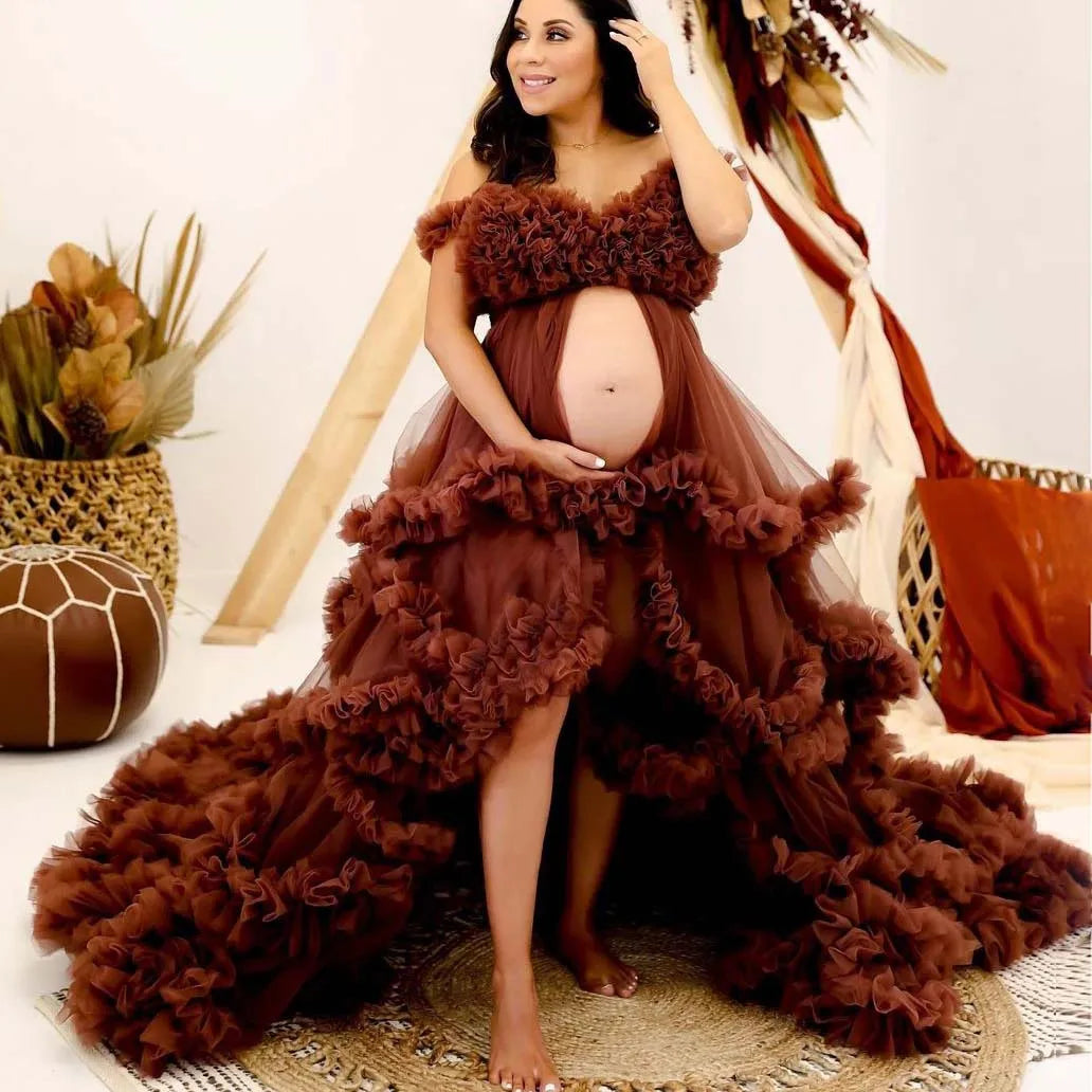nvxiot - Brown Puffy Tiered Ruffles Maternity Dress Sheer Long Women Maternity Dressing Gowns for Photoshoot Pregnancy Tulle Robes