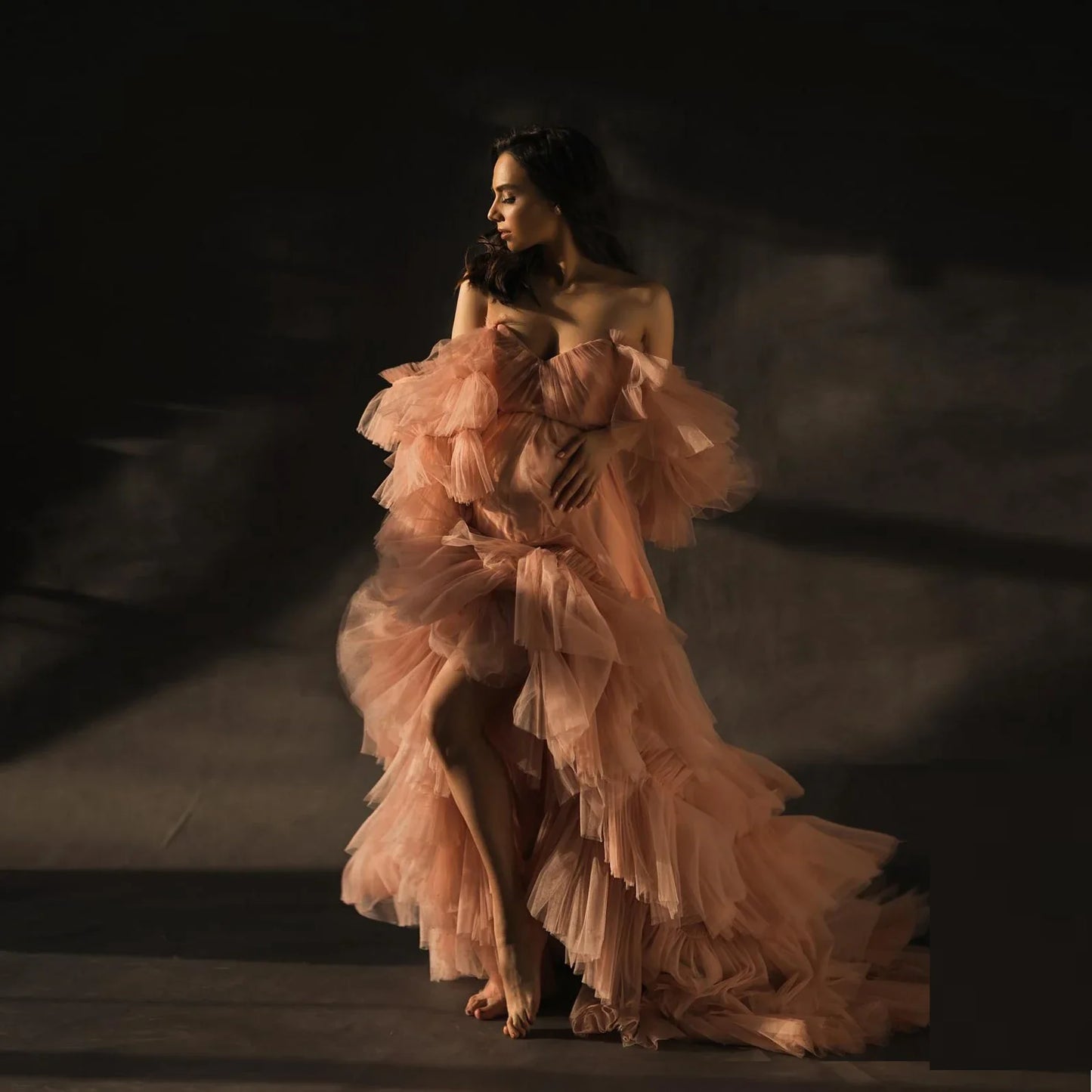 nvxiot - Sweet Heart Collar Maternity Tulle Robe Long Length Off The Shoulder Sheer Tulle Maternity Dress See Through Blush Pink Gown