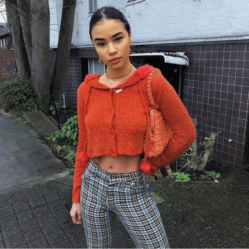 MQTIME - Women Two Colors Autumn Sexy Short Hairy Korean Fur Ball Fur Collar Fashion Hooded Single Breasted Sweater Women Knit Cardigan