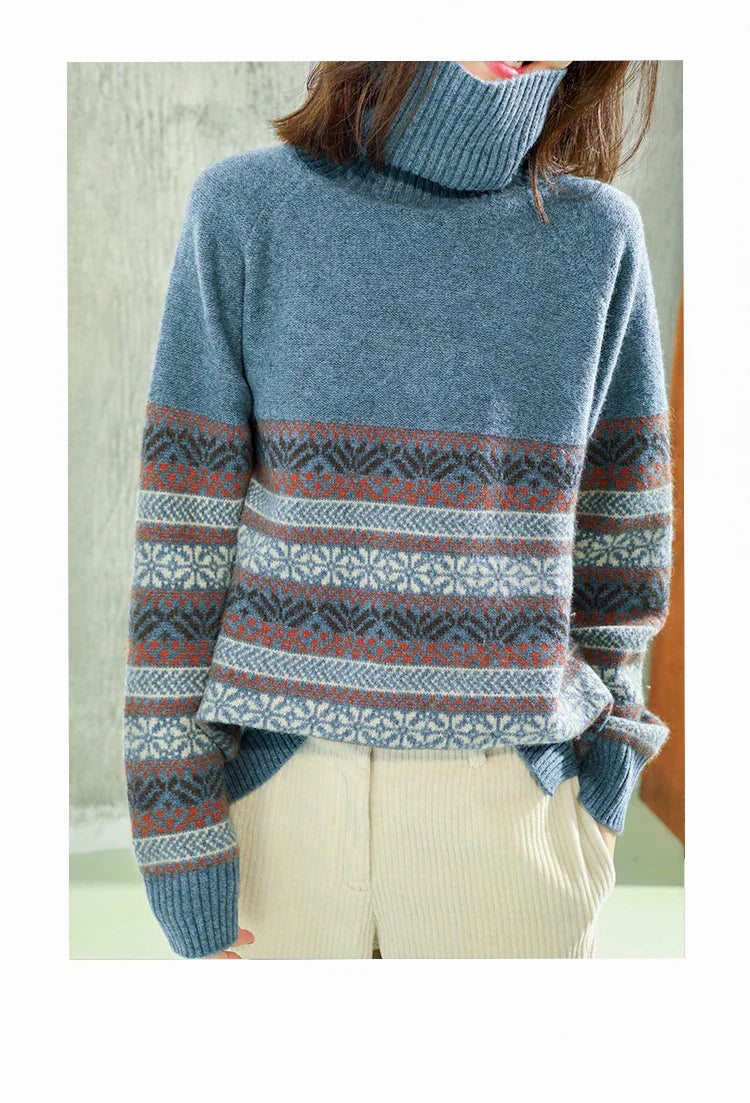 nvxiot National style turtleneck sweater women winter thickening cashmere jumpers wool knit bottom female long sleeve loose pullover
