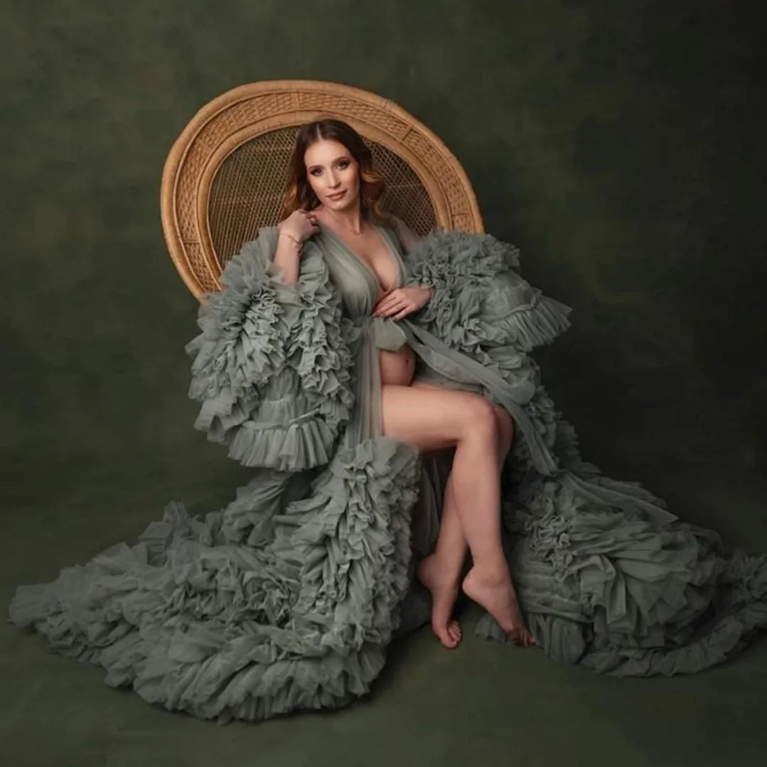nvxiot - Ruffles Maternity Robes for Photo Shoot or Baby Shower Chic Women Prom Dress Plus Size Long Sleeve Photography Robe Party Shawl