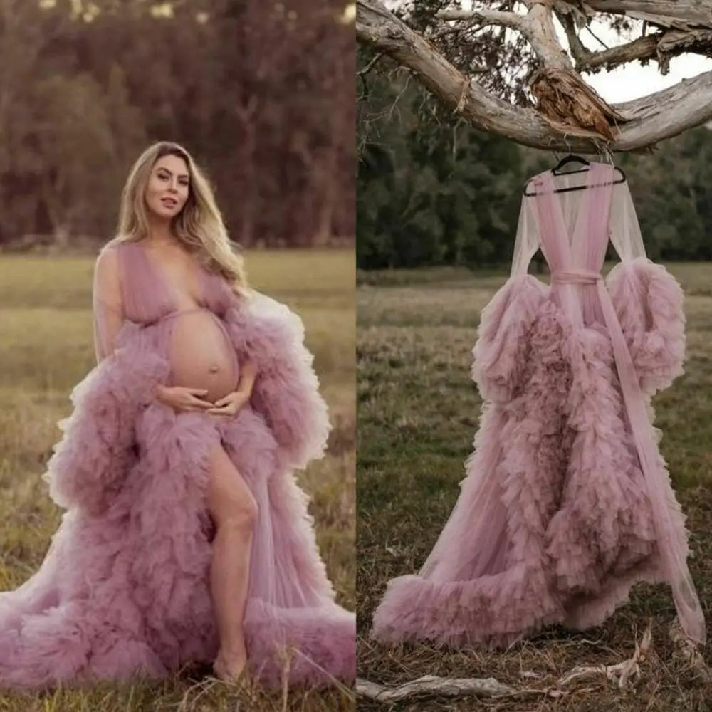 nvxiot - Maternity Robes Bathrobe Sky Blue Women Long Tulle Dresses Photo Shoot Birthday Party Bridal Fluffy Party Sleepwear Custom Made