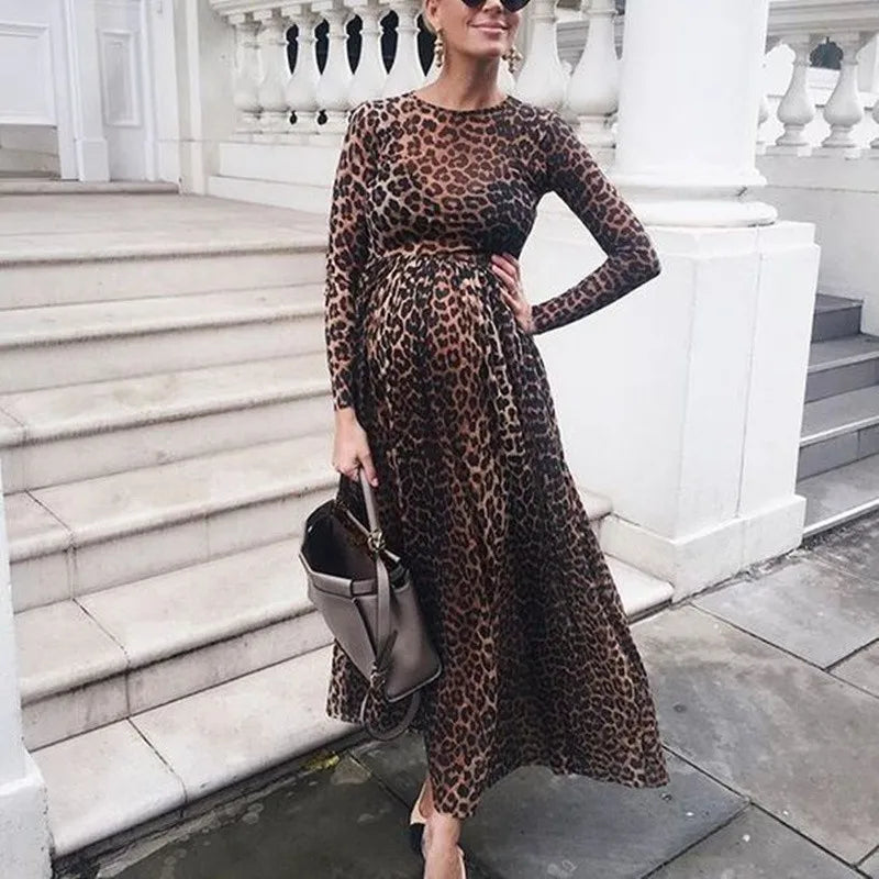 MQTIME - Maternity Dresses For Photo Shoot Long Sleeve Leopard Print Ruffled Pregnant Dress Photography Maternity Clothes Baby Shower