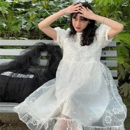 MQTIME - Summer Long Fairy Dress Women Sweet Mesh Hollow Out Designer Vintage Dress 2021 Elegant Korean High Waist Party Floral Dress