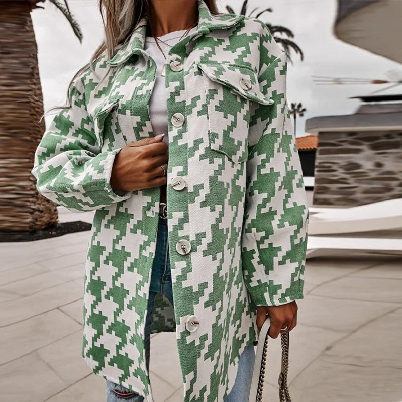 nvxiot Casual Houndstooth Long Coats Autumn Office Long Sleeve Ladies Jackets For Women Za Fashion Shirt Collar Outwear
