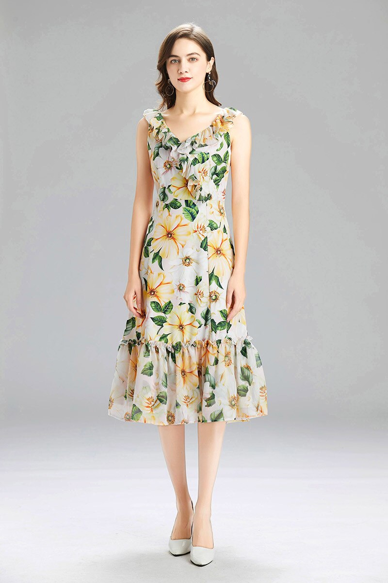 nvxiot Runway Dress Women Summer Flower Dresses Female Beach Straps Ruffles Sundress Lemons Fruits Print Floral Maxi Dress