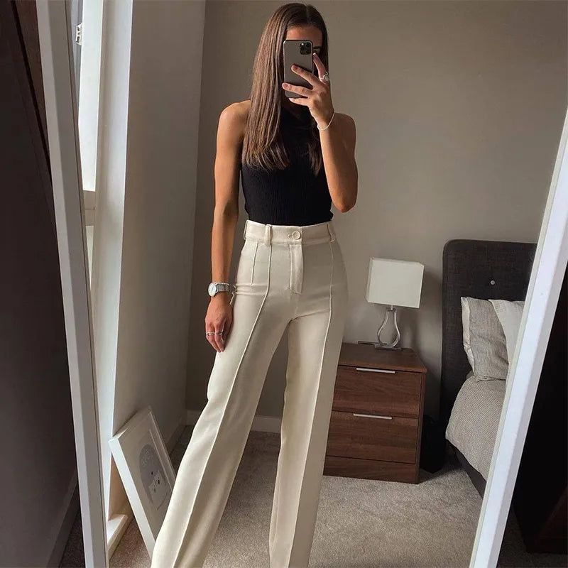 nvxiot High Waisted Casual White Trousers Women Brown Stright Pants Office Lady Korean Style Women Pantalones De Mujer