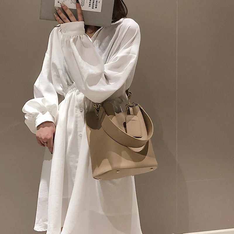 nvxiot - casual wide strap bucket bag designer women shoulder bags luxury pu crossbody bag large capacity messenger bag simply purse