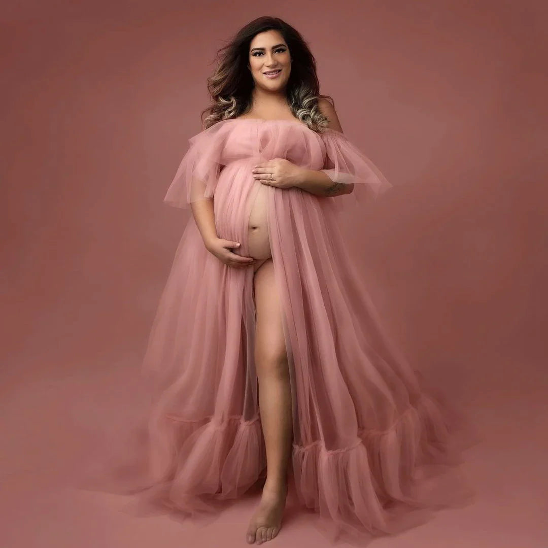 nvxiot Chic Pink Tulle Maternity Robe Photo Shoot Dress Sheer Tulle Long Off the Shoulder Baby Shower Women Dresses Maternity Gowns