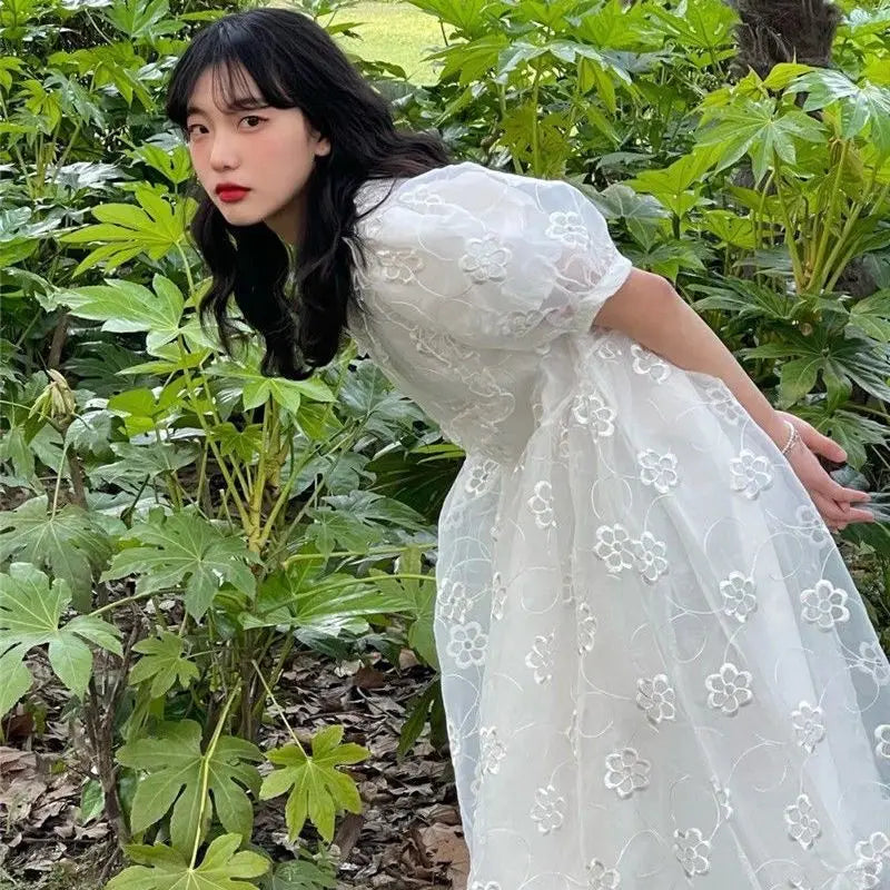 MQTIME - Summer Long Fairy Dress Women Sweet Mesh Hollow Out Designer Vintage Dress 2021 Elegant Korean High Waist Party Floral Dress