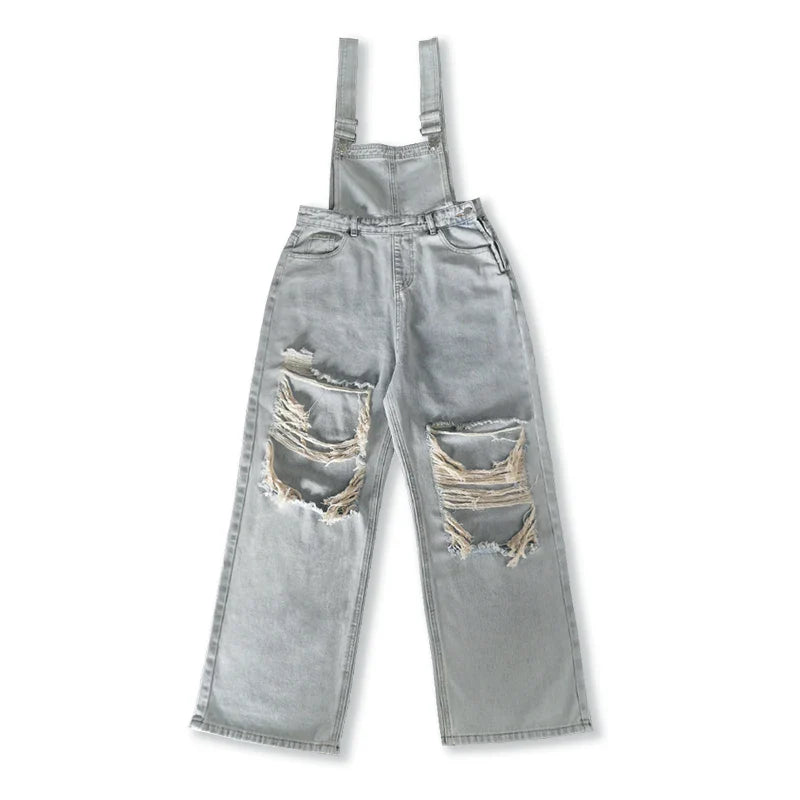 nvxiot - Casual Wide Leg Denim Overalls Rompers Women Straight Ripped Hole Mom Jeans Jumpsuit High Waist Loose Big Size Straps Baggy Pant