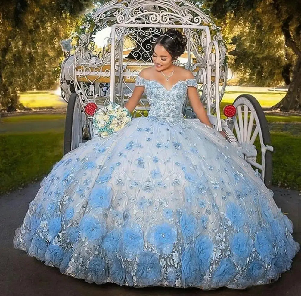 MQTIME - Sweet 16 Princess Quinceanera Dresses Custom Made Sexy Off Shoulder 3D Lace Appliques Formal Pageant Ball Gown for Girls