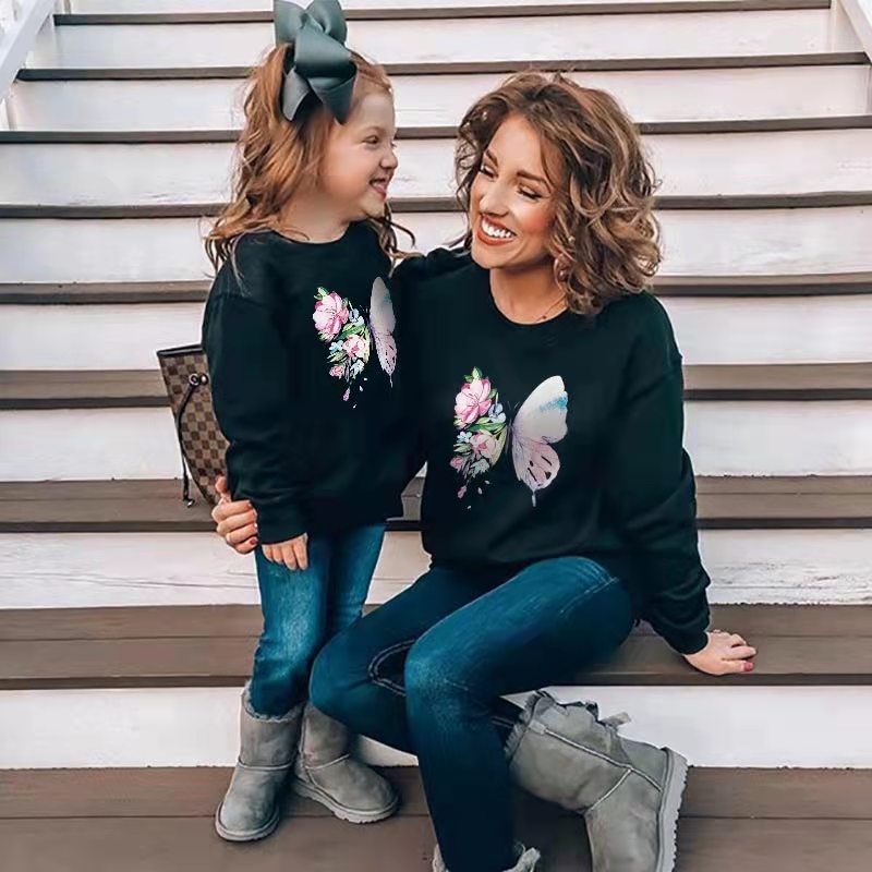nvxiot Autumn Mother Daughter Matching Sweaters Family Set Butterfly Mom Mum Baby Mommy and Me Clothes Women Girls Cotton Sweatshirts
