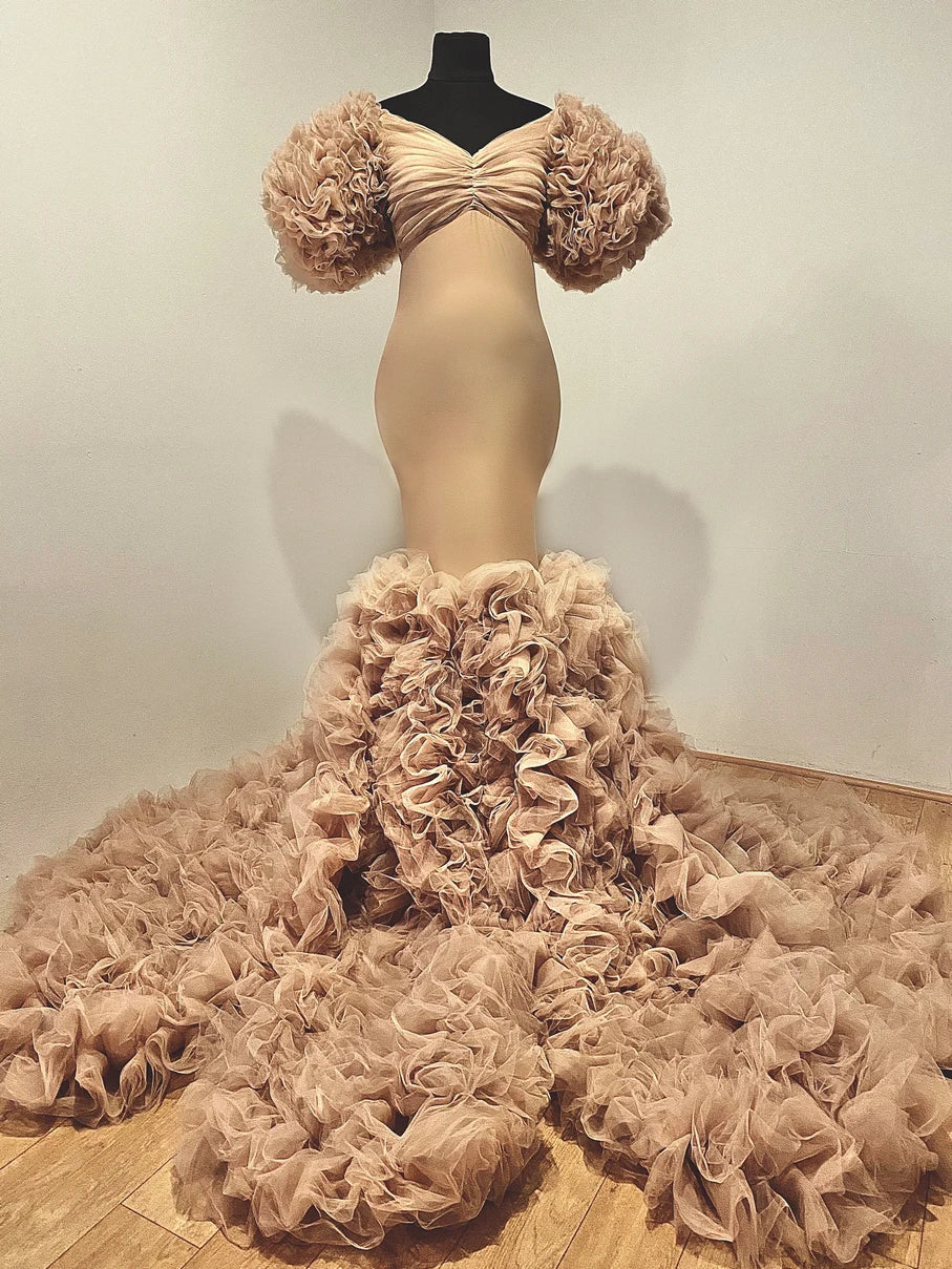 nvxiot - Floral Ruffled Bridal Maternity Dresses Sexy Slit Puffy Sleeve Elastic Custom Made Women Mermaid Party Dresses Stretchy Gown