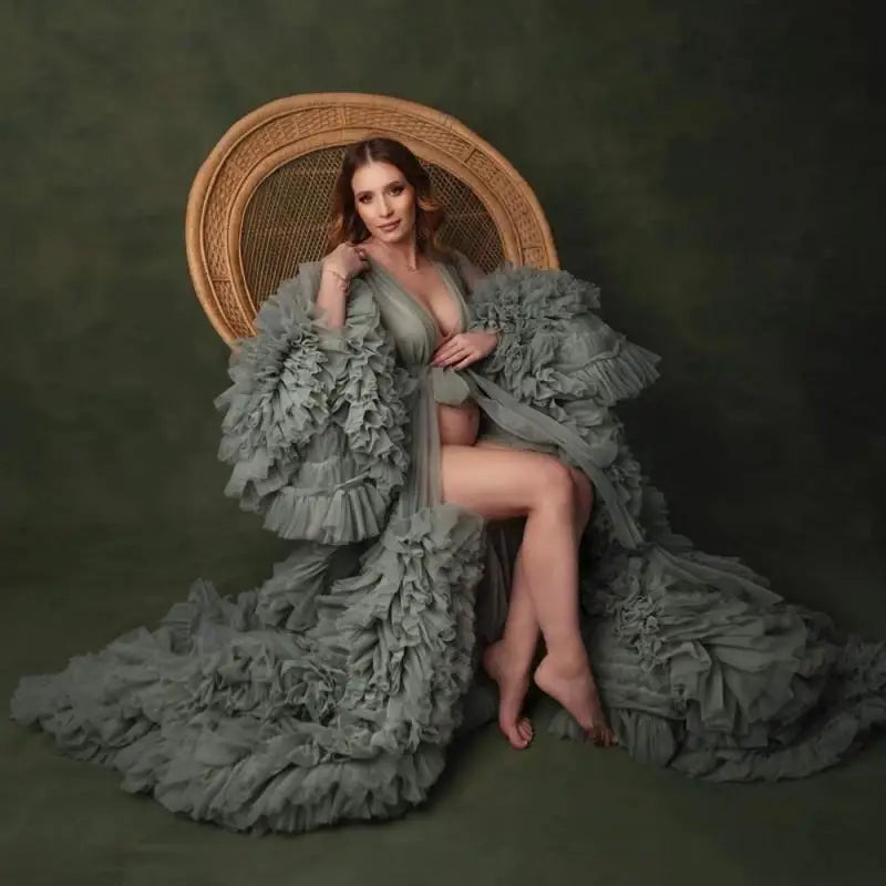nvxiot - Ruffles Maternity Robes for Photo Shoot or Baby Shower Chic Women Prom Dress Plus Size Long Sleeve Photography Robe Party Shawl