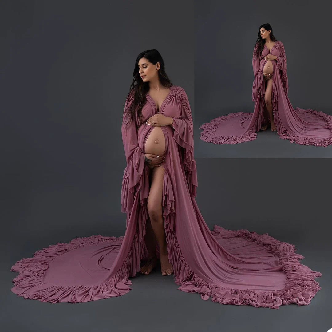 MQTIME - New Pregnant Women Photo Robes Sexy Deep V Neck Split Sweep Train Sleepwear Bathrobe Ladies Photo Shoot Bridesmaid Shawel