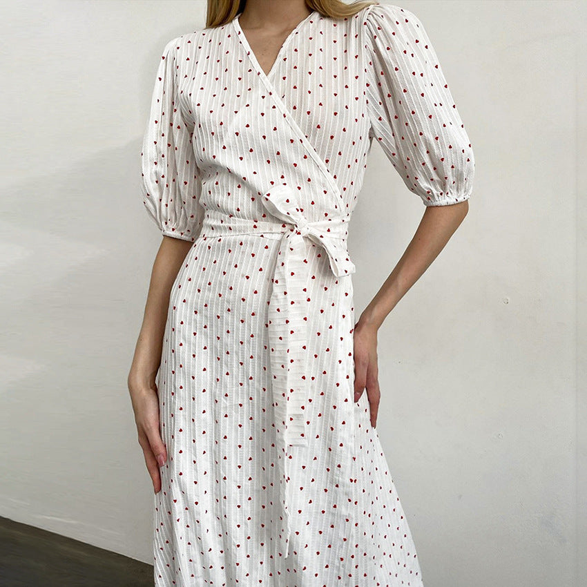 2025 convex jacquard pure cotton V-neck bubble sleeve high waist lace-up dress popular spring and summer fashion medium and long dress