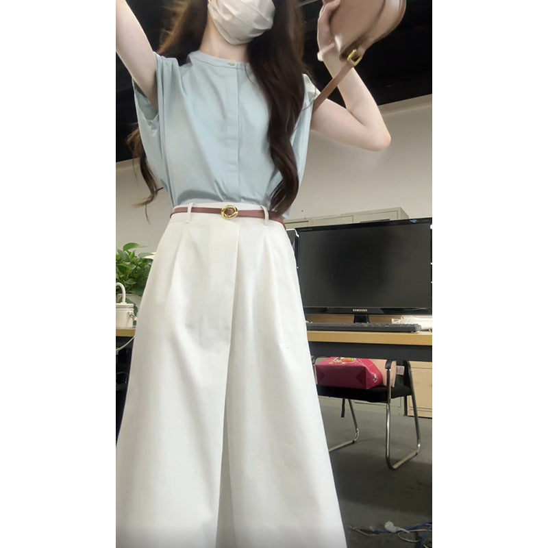 Blue sleeveless shirt women's summer 2025 new design sense niche top high waist casual versatile skirt