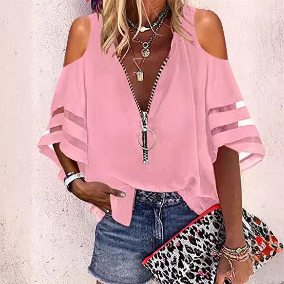2025 Popular, , 's new V-neck zipper shirt, half-flared sleeve grid splicing, loose casual shirt women