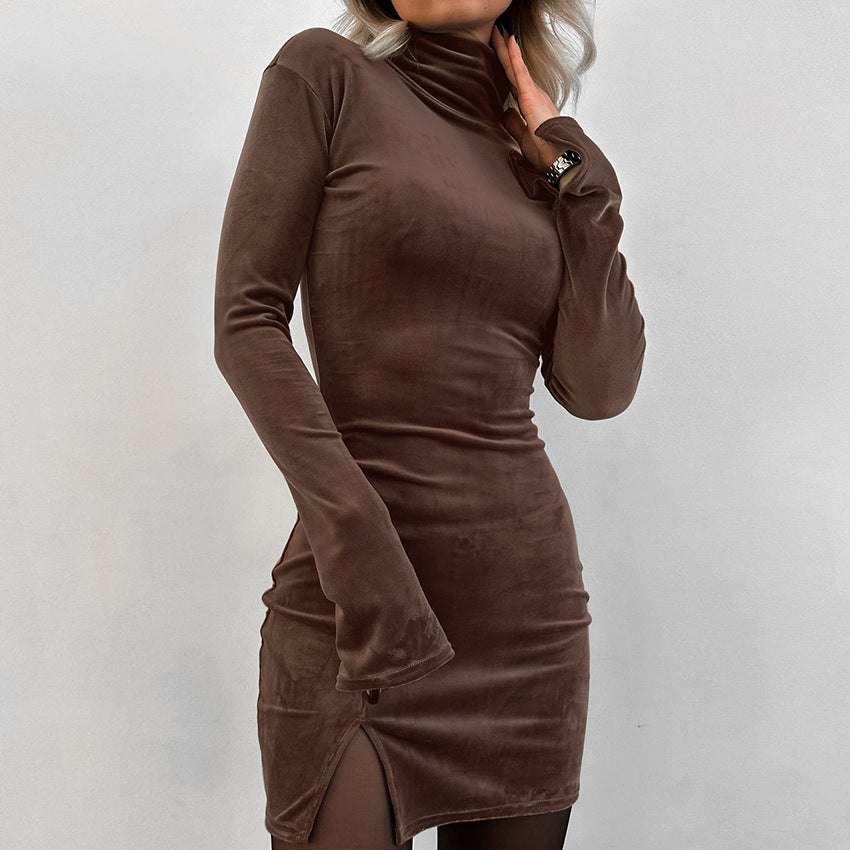 2025 Sexy slim-fitting silver fox velvet hip-wrapped high-necked solid color dress popular autumn fashion New new short skirt