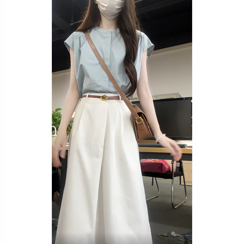 Blue sleeveless shirt women's summer 2025 new design sense niche top high waist casual versatile skirt