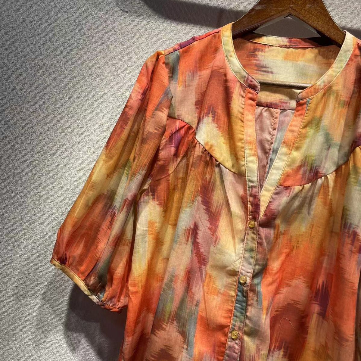 2025 short-sleeved women's BA home new neon gradual change printing t-shirt retro literary bubble sleeve shirt women's shirt