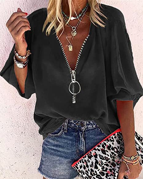 2025 Popular, , spring and summer new solid color long-sleeved V-neck zipper women's shirt women's top