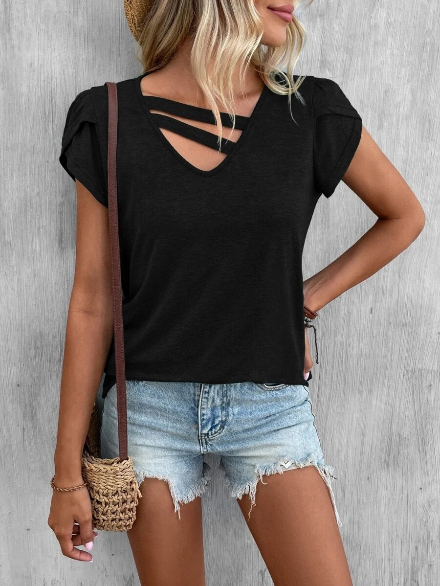 2025 Popular, , New women's clothing summer new solid color V-neck splicing petal sleeves loose t-top women