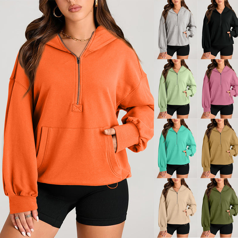 2025 autumn and winter New women's solid color long-sleeved hooded solid color zipper pocket sweater women's top