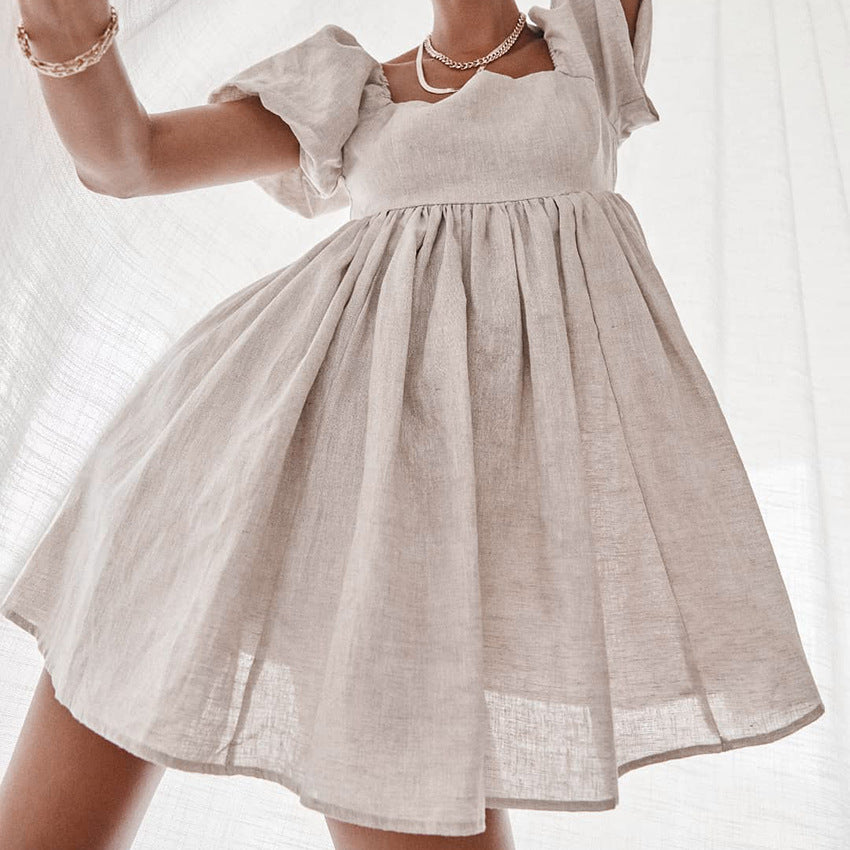 2025 popular autumn new cotton and linen dress women's clothing Popular trade sexy square neck bubble sleeves small fresh A-shaped skirt