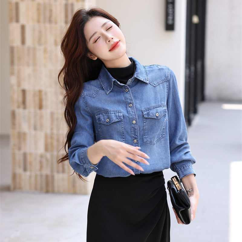 Good goods in the town store! Tencel denim shirt women's long-sleeved inner shirt 2025 spring loose niche Korean version jacket
